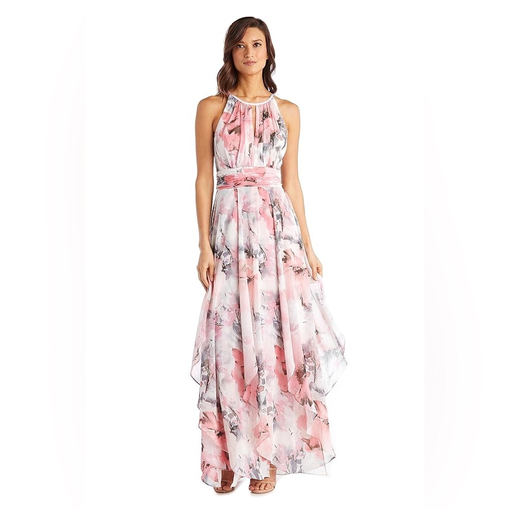R&M Richards Pink Floral Halter Maxi Dress